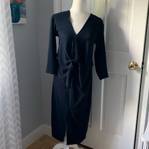 Zara knotted front slit v neck casual work weekend dress S NWOT navy